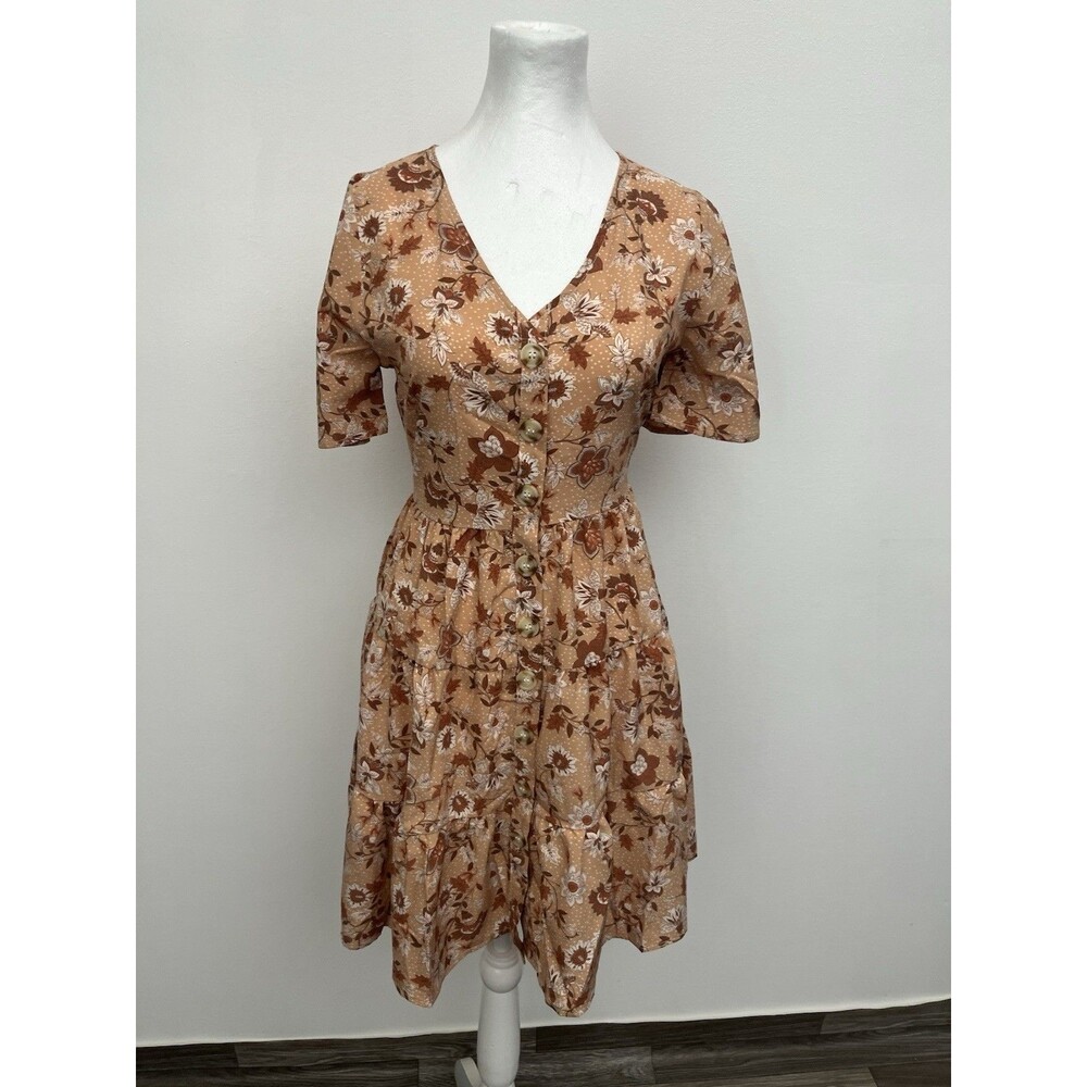 Mine Women’s A Line Dress Layered Button Down Small Floral V Neck Short Sleeve - Picture 2 of 12